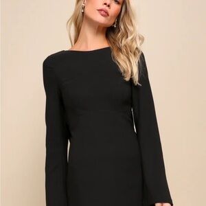 Lulu’s Elegant Cutie Black Bow Long Sleeve Backless Mini Dress